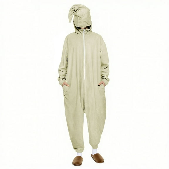 Rohuuque Men's and Women's Festive Onesie Animal Dress Up Christams Jumpsuits One-Piece Pajama with Hood and Pocket Lounge Wear Beige