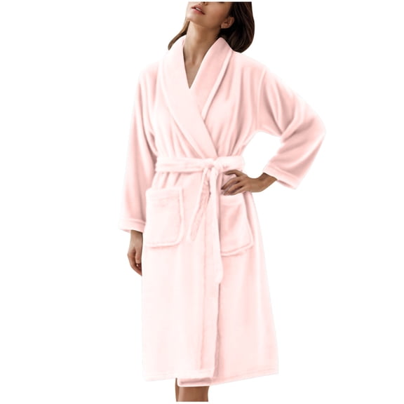 ZQUUVOU Men's and Women's Solid Flannel Robe Long Sleeve Notch Lapel Collar Plush Soft Couple Matching Bathrobe Lounge Set Pink