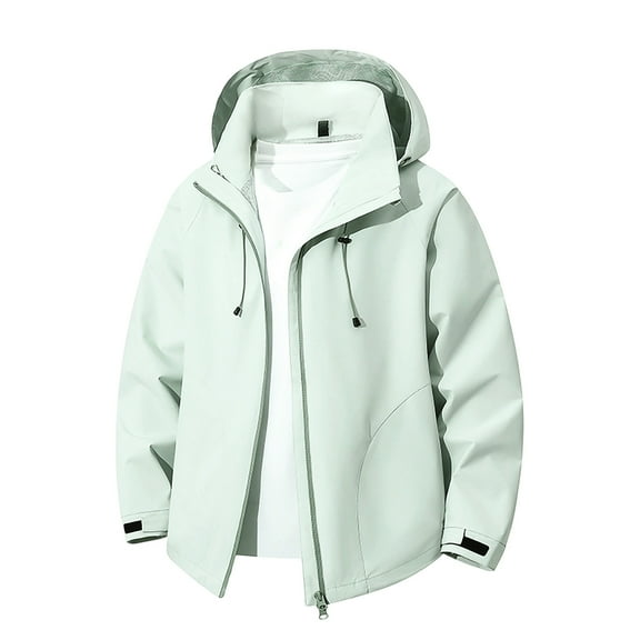 Rohuuque Mens Hiking Rain Jacket Windproof Hooded Waterproof Mountaineering Coat Solid Color Long Sleeve Outdoor Sport Parka Green