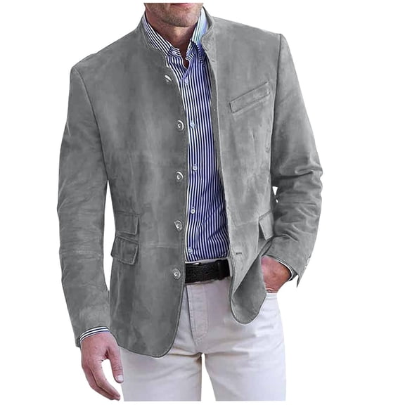 ZQUUVOU Mens Sport Coats and Blazers Fashion Breasted Buckle Pocketed Suit Jackets Stand-Up Collar Leisure Solid Color Blazer Dark Gray