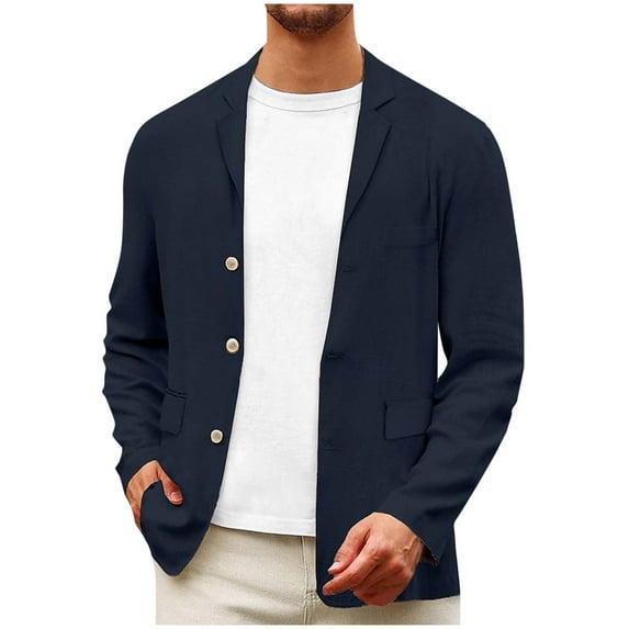Rohuuque Mens Sport Coats and Blazers Notch Collar Button Cotton Tops Solid-color Fashionable Casual Pocket Suit Jacket Blazer Navy