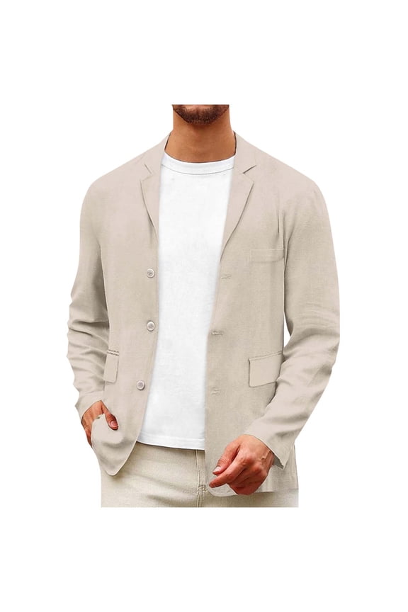 Mens Sport Coats and Blazers Notch Collar Button Cotton Tops Solid-color Fashionable Casual Pocket Suit Jacket Blazer White