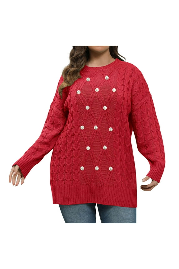 Oversized Swearter for Woman Winter Plus Size Crew Neck Pullover Beaded Long Sleeve Sweater Coat Crew Neck Sweater Red