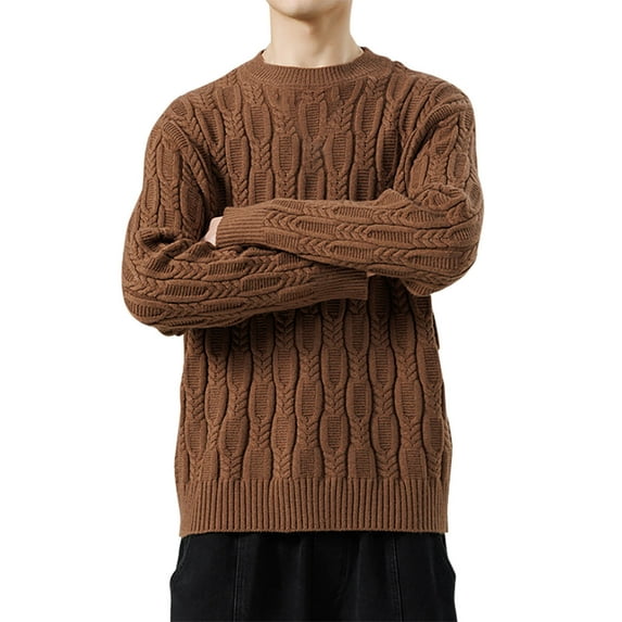 Rohuuque Oversized Sweater for Men Casual Solid Color Crew Neck Pullover Long Sleeve Cable Knitted Long-Sleeve Sweater Khaki