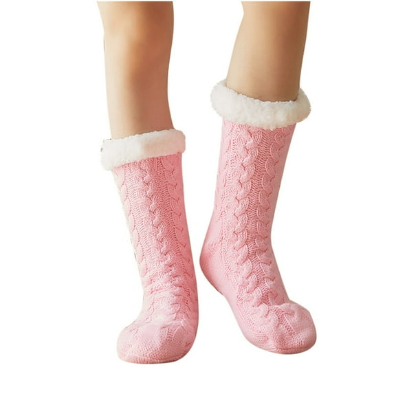 ZQUUVOU Plush Fuzzy Socks for Women Winter Warm Cotton Socks Sherpa Fleeced Solid Thicker Floor Grip Socks Outdoor Indoor Calf Socks Pink