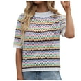thumbnail image 1 of Rohuuque Short Sleeve Sweater for Women Fashion Crew Neck Striped Printed Casual Silm Short Sleeve Sweater Pullover White, 1 of 7