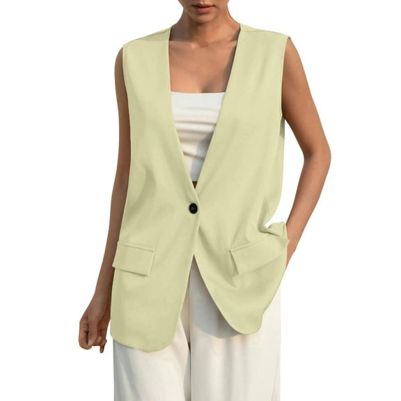 Rohuuque Sleeveless Blazer Vest for Women Summer Blazers Lightweight Cardigan Button Sleeveless Casual Coat Blazer Blouse Beige