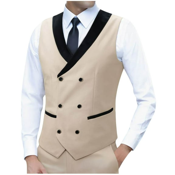 Rohuuque Sleeveless Waistcoat for Men Double-Breasted Tailored Slim Cut Modern Office Formal Wear Business Casual Blazer Vest Beige