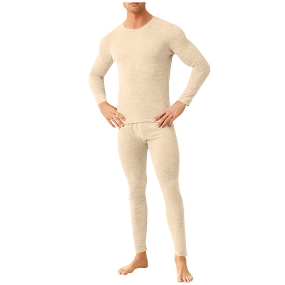 Rohuuque Thermal Long Johns Set for Men Women Loose Solid-Color Home Lounge Clothes Pants Long Sleeve Crew Neck Top Pajama Sets Coffee