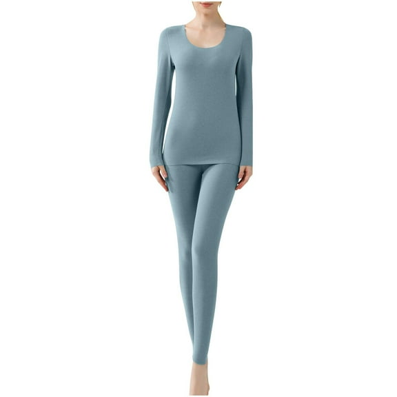 Rohuuque Thermal Long Johns Set for Women Thermal Underwear Set Double Fleece No Show Base Layer Comfort Underwear Outfit Blue