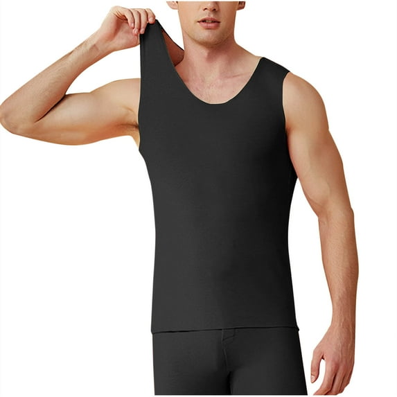 Rohuuque Thermal Shirts for Men Casual Solid Pullover Round Neck Sleeveless High Elasticity Keep Warml Underwear Suit Black