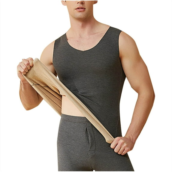 Rohuuque Thermal Shirts for Men Casual Solid Pullover Round Neck Sleeveless High Elasticity Keep Warml Underwear Suit Gray