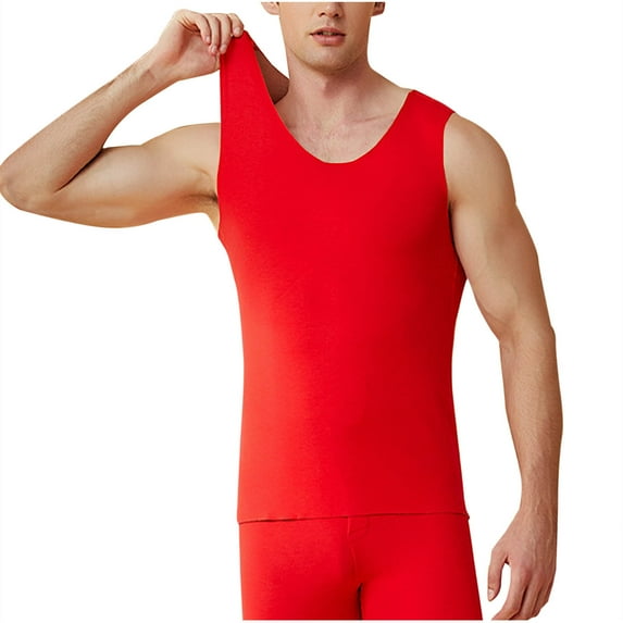 Rohuuque Thermal Shirts for Men Casual Solid Pullover Round Neck Sleeveless High Elasticity Keep Warml Underwear Suit Red