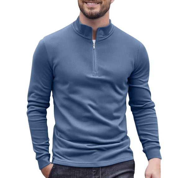 Rohuuque Thermal Shirts for Men Solid Long Sleeve Stand Neck Half Zip Thermal Base Layer Brushed Fleece Lined Tops Dark Blue