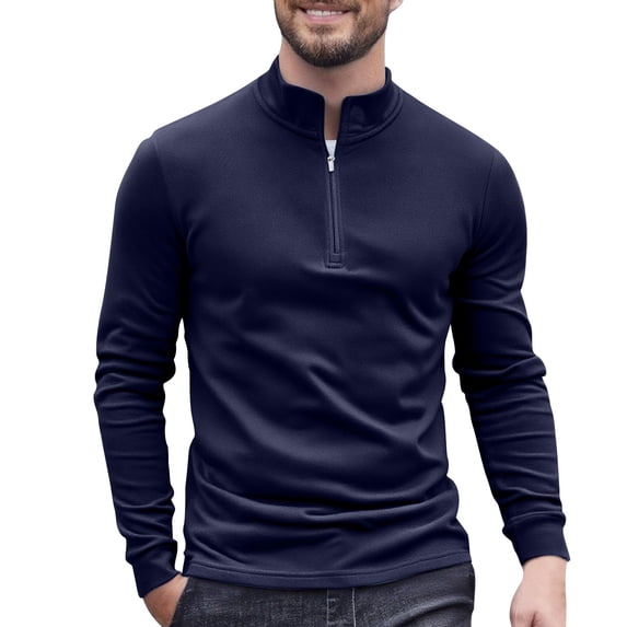 Rohuuque Thermal Shirts for Men Solid Long Sleeve Stand Neck Half Zip Thermal Base Layer Brushed Fleece Lined Tops Navy