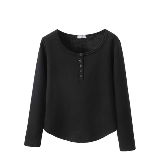 Rohuuque Thermal Shirts for Women Solid Color Button Round Neck Long Sleeve Shirt Hem Plus Velvet Warm Pajamas Pullover Black