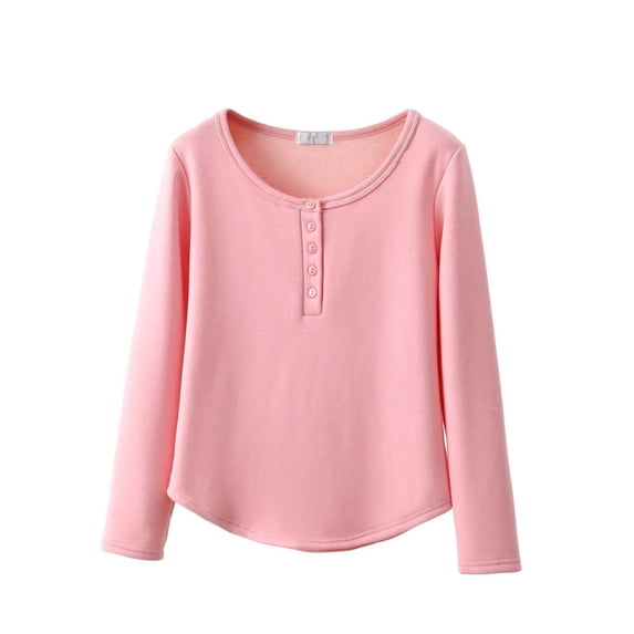 Rohuuque Thermal Shirts for Women Solid Color Button Round Neck Long Sleeve Shirt Hem Plus Velvet Warm Pajamas Pullover Pink