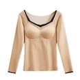 thumbnail image 1 of Rohuuque Thermal Shirts for Women Solid Color V Neck Thermal Underwear with Built-in Bra All-in-one Long Sleeve Winter Warm Top Beige, 1 of 7