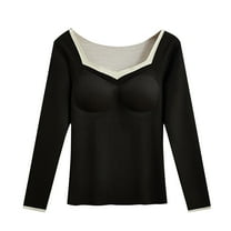 Rohuuque Thermal Shirts for Women Solid Color V Neck Thermal Underwear with Built-in Bra All-in-one Long Sleeve Winter Warm Top Black