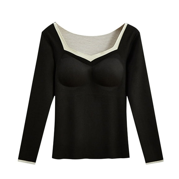 Rohuuque Thermal Shirts for Women Solid Color V Neck Thermal Underwear with Built-in Bra All-in-one Long Sleeve Winter Warm Top Black