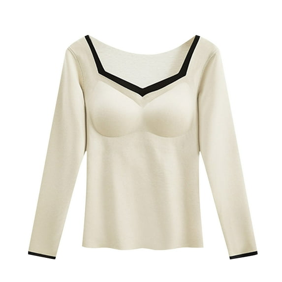 Rohuuque Thermal Shirts for Women Solid Color V Neck Thermal Underwear with Built-in Bra All-in-one Long Sleeve Winter Warm Top White
