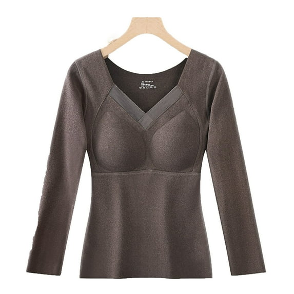 Rohuuque Thermal Shirts for Women Thermal Top with Built-in Bra V Neck Fixed Cups Long Sleeve Wearable Base Layer Coffee