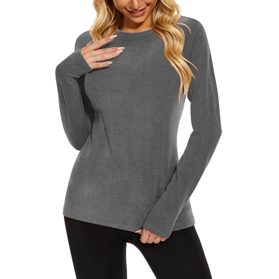 ZQUUVOU Thermal Shirts for Women Velvet Lined Loose Polluer Solid Color Crew Neck Raglan Sleeve Thermal Base Layer Tops Gray