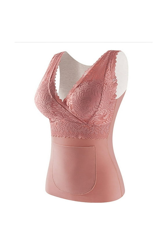 Rohuuque Thermal Tank Tops for Ladies Plus Size Thermal Vest with Pockets Built-in Bra Wireless Comfort Plush Lined Women Undershirt Pink