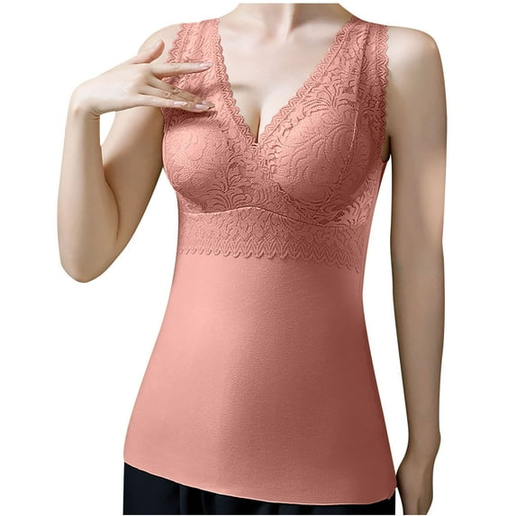 Rohuuque Thermal Tank Tops for Women Plus Size Thermal Camisole with Built-in Bra Wireless Comfort Plush Lined Undershirt Pink