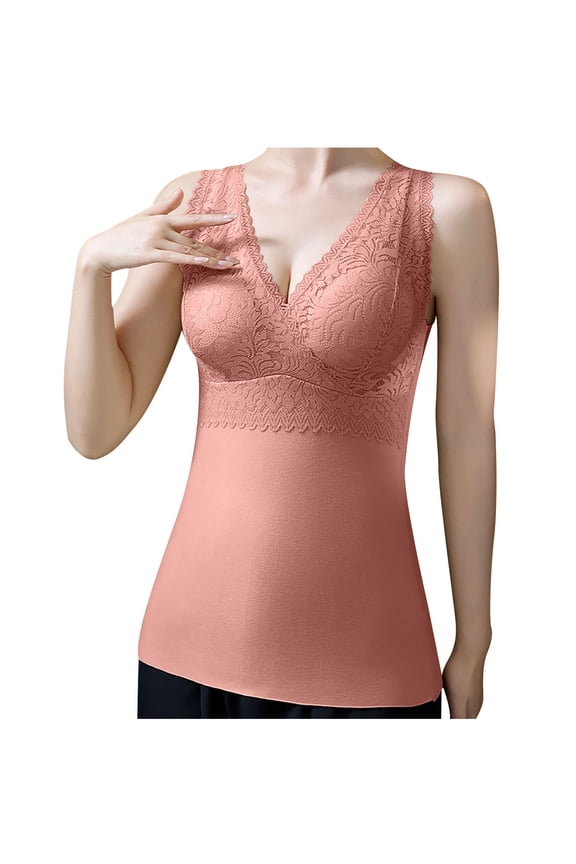 Thermal Tank Tops for Women Plus Size Thermal Camisole with Built-in Bra Wireless Comfort Plush Lined Undershirt Pink