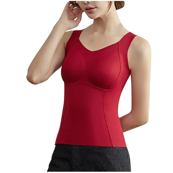 Rohuuque Thermal Tank Tops for Women Solid Color Thermal Camisole Built-in Bra No Show Winter Warm Sleeveless Undershirt Burgundy