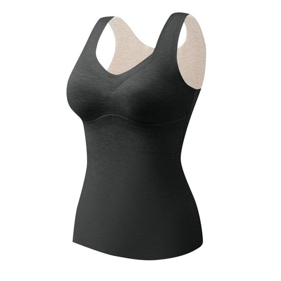 Rohuuque Thermal Tank Tops for Women Thermal Bra with Built-in Bra Round-neck Warm Tops Fleece Lined Thermals Underwear Base Layer Black