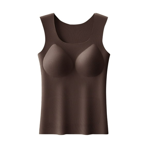 Rohuuque Thermal Tank Tops for Women Winter Solid Color Warm Seamless Sleevesless Thermal Underwear with Built-in Bra Coffee