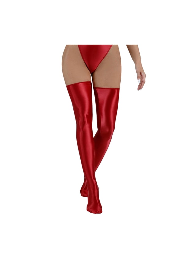 Thigh High Stockings for Women Shiny Opaque Tights High Gloss Run-Resistant High Elasticity Comfort Wear Red