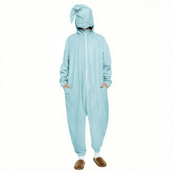 Rohuuque Unisex Holiday Themed Onesie Dress Up Solid Color One-Piece Pajama with Front Zipper and Pocket Cozy Home Wear Blue