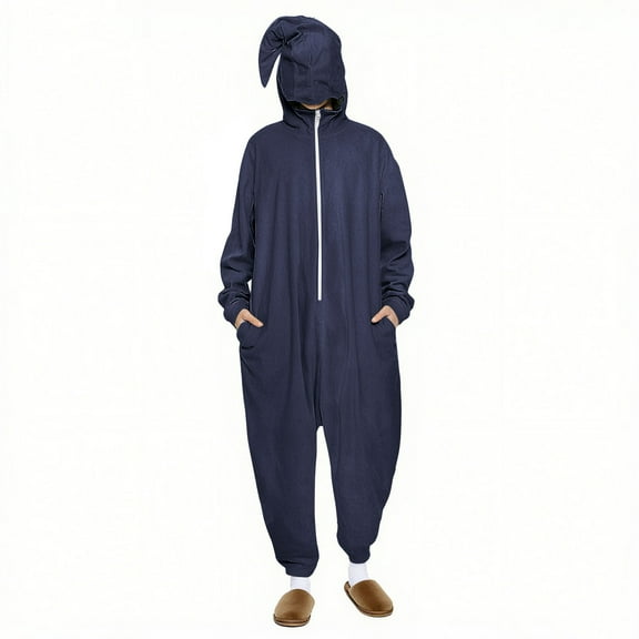 Rohuuque Unisex Holiday Themed Onesie Dress Up Solid Color One-Piece Pajama with Front Zipper and Pocket Cozy Home Wear Navy