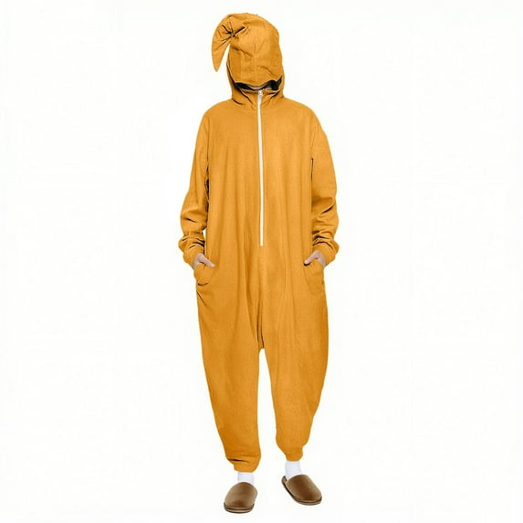 Rohuuque Unisex Holiday Themed Onesie Dress Up Solid Color One-Piece Pajama with Front Zipper and Pocket Cozy Home Wear Yellow