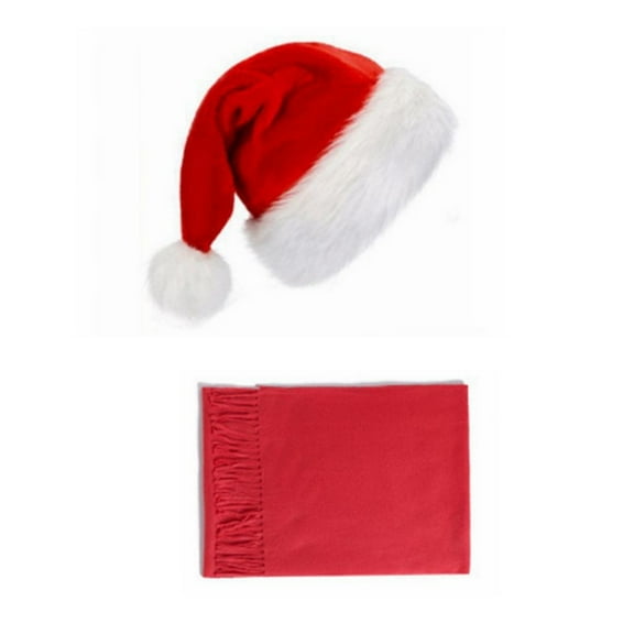Rohuuque Unisex Santa Claus Hat with White Faux Fur Trim and Pom Pom Christmas Beard Scarf Set Warm Festive Holiday Accessories for Adults Red