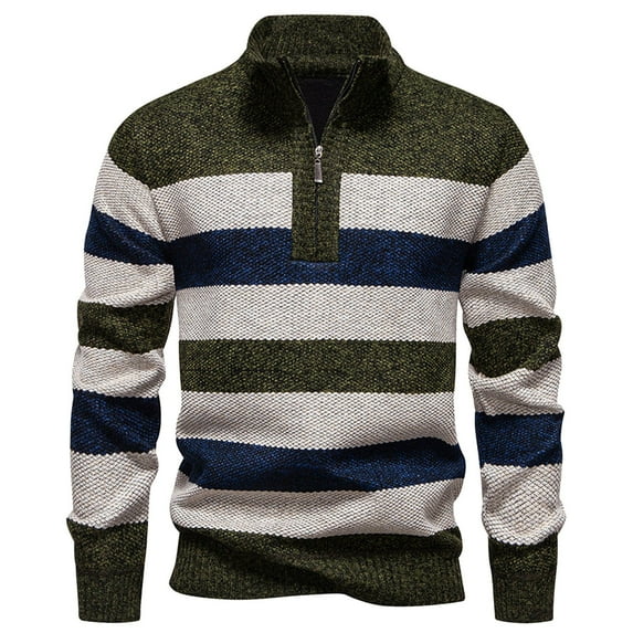 Rohuuque Vintage Striped Sweater for Men Color Block Quarter Zip Pullover Mock Neck Knit Sweater Stretch Silm Tops Green