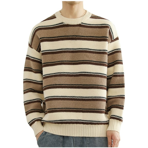 ZQUUVOU Vintage Striped Sweater for Men Crew Neck Pullover Sweater Knit Top Base Layer Loose Long Sleeve Warm Outfits Khaki