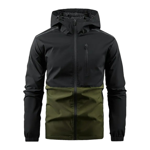 Rohuuque Waterproof Rain Jacket for Men Color Blocked Long Sleeved Hooded Workwear Jacket Reflective Details Hooded Coat for Safety Outdoor Olive Green