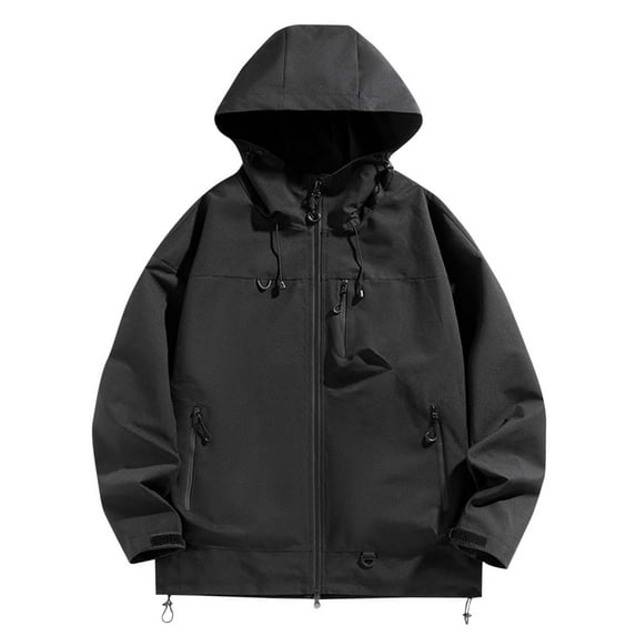 ZQUUVOU Waterproof Rain Jacket for Man Solid Color Windproof Water Proof Zipper Pocket Drawstring Hooded Outdoor Jacket Coat Black