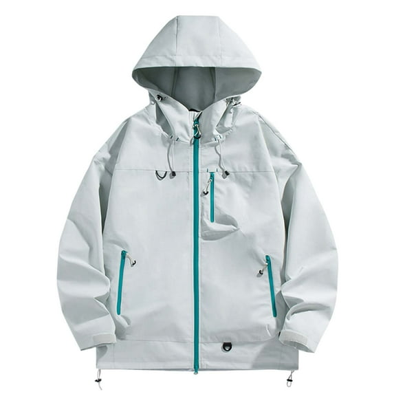 ZQUUVOU Waterproof Rain Jacket for Man Solid Color Windproof Water Proof Zipper Pocket Drawstring Hooded Outdoor Jacket Coat Gray