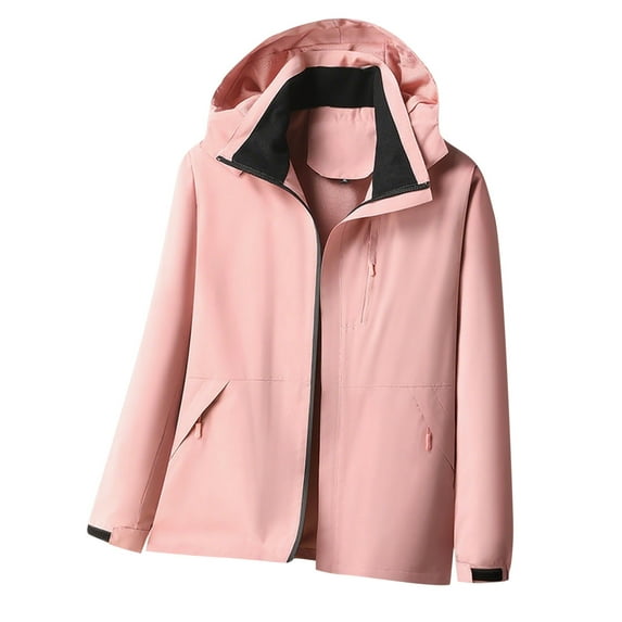 Rohuuque Waterproof Rain Jacket for Men Solid-Color Fashionable Zipper Pocket Windbreaker Detachable Hood Long Sleeve Casual Outwear Jacket Pink
