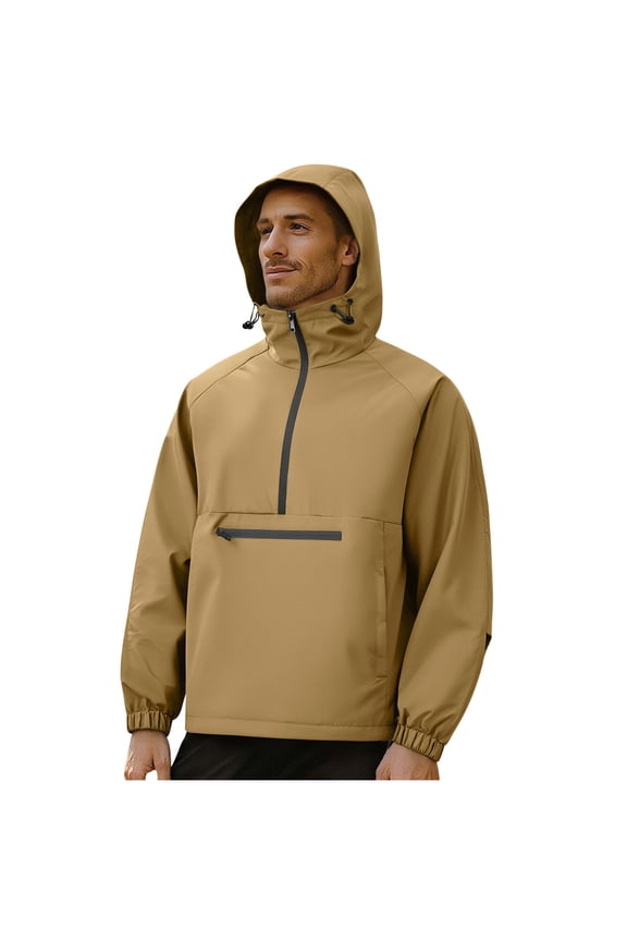 Waterproof Rain Jacket for Men Solid Color Half Zip Jackets Windbreaker Jacket Pullover Lightweight Outdoor Sports Top Brown