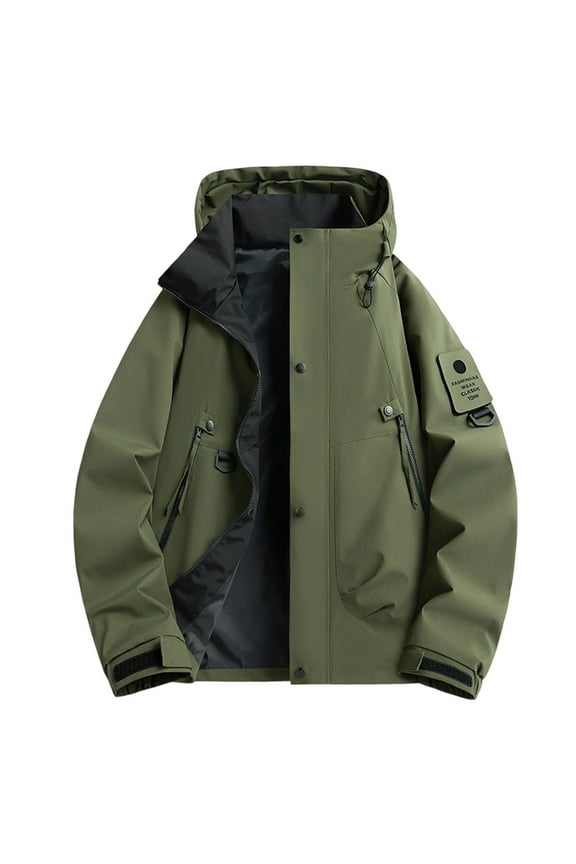 Waterproof Rain Jacket for Men Windproof Utility Jacket Heavyweighet Fall Winter Warm Outdoor Hooded Rain Coat for Hiking Work Olive Green