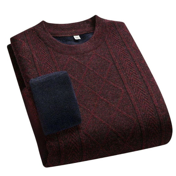 Rohuuque Winter Fleece Sweater for Men Thermal Plush Lined Knit Sweater Crew Neck Heavyweight Warm Top for Cold Weather Burgundy