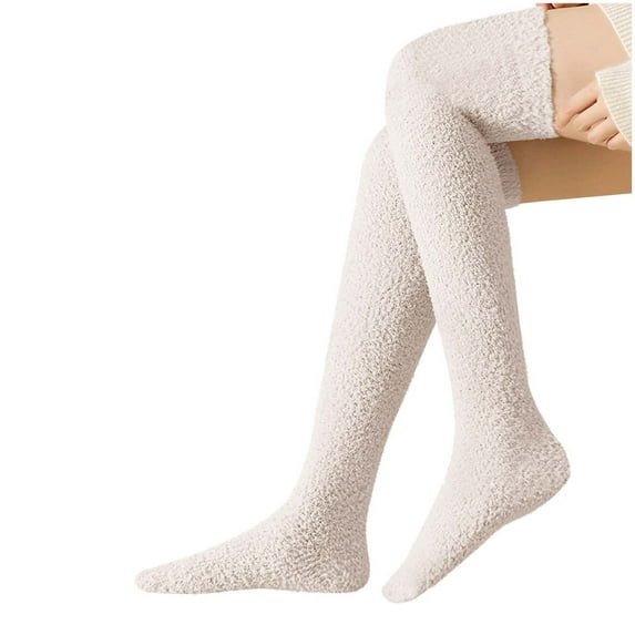 Rohuuque Winter Fuzzy Socks for Women Coral Fleece Thermal Thigh High Socks Plush Lining Winter Warmth Comfort Stockings Beige