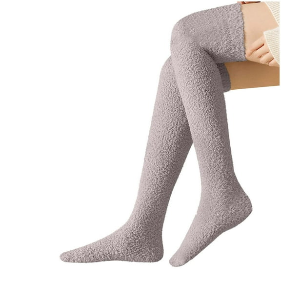 Rohuuque Winter Fuzzy Socks for Women Coral Fleece Thermal Thigh High Socks Plush Lining Winter Warmth Comfort Stockings Gray