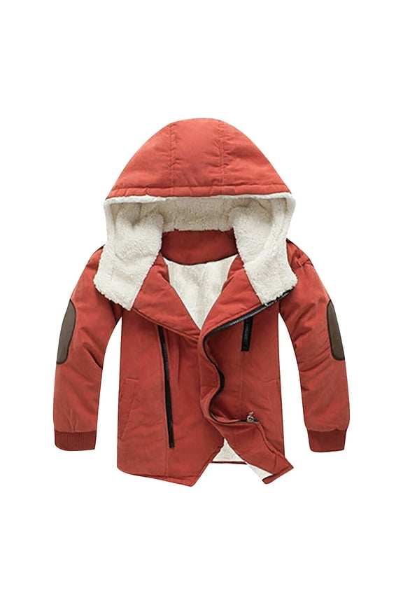 Winter Parka Jacket for Boys and Girls Fashion Solid Color Cute Thicken Fleece Lined Warm Zipper Hoodie Coat Ski Jacket Orange